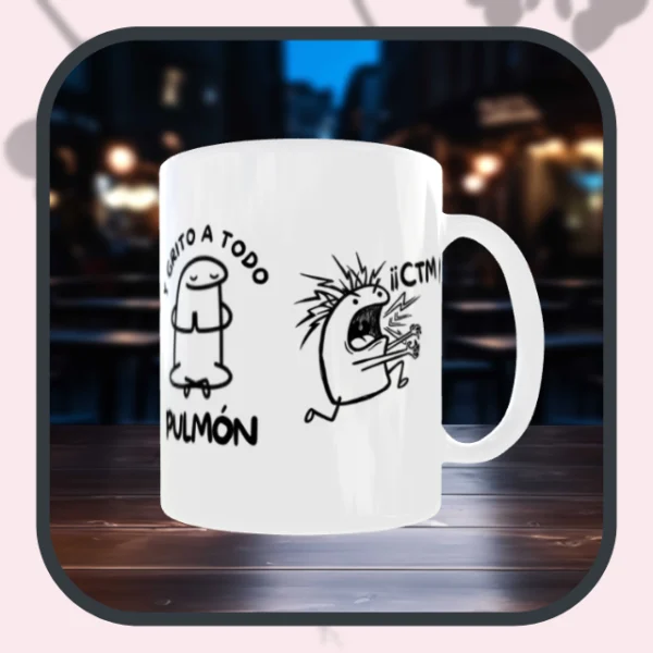 Taza personalizada “Me levanto a las 7 AM” estilo Flork (4) Taza personalizada estilo Flork con frase “Me levanto a las 7 AM”, diseño divertido y opción de nombre, ideal como regalo emocional.