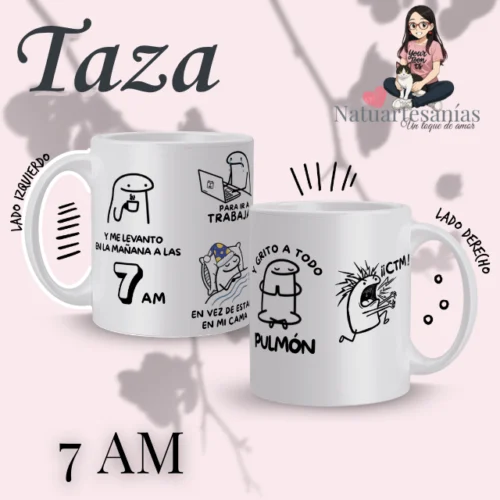 Taza personalizada “Me levanto a las 7 AM” estilo Flork Taza personalizada 11oz con diseño Flork "Me levanto a las 7AM para trabajar" e impresión de nombre por sublimación, sobre fondo negro — Natuartesanías Chile