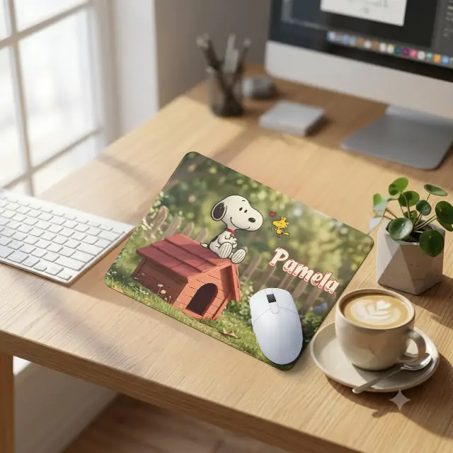 Mouse Pad personalizado con diseño inspirado en Snoopy sobre su casita y nombre personalizado, ideal como regalo original.