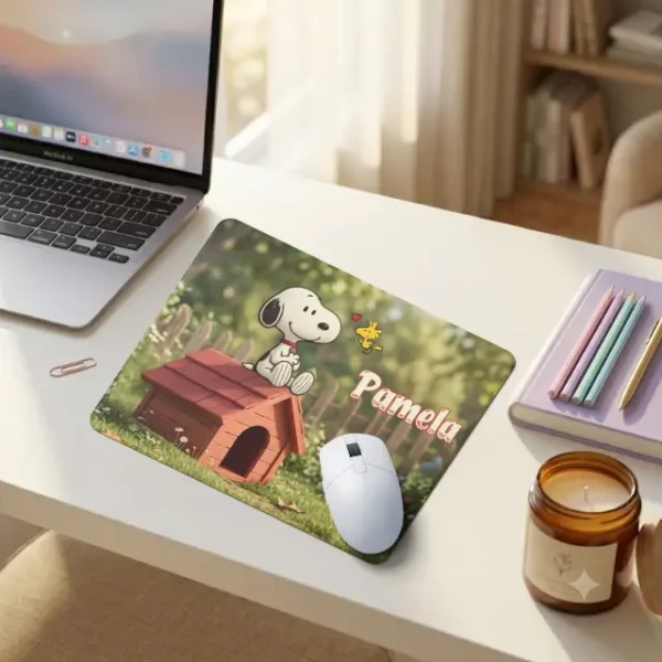 mouse-pad-personalizado-snoopy-nombre Mouse Pad personalizado con diseño inspirado en Snoopy sobre su casita y nombre personalizado, ideal como regalo original.