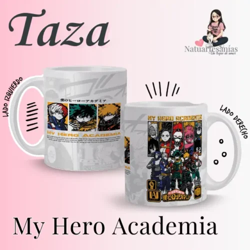 My Hero Academia (1) Taza de cerámica premium con diseño vibrante de My Hero Academia, presentada dentro de una elegante caja de regalo Natuartesanías.