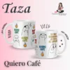 Taza personalizada Quiero Café con personajes estilo Flork y frases divertidas para amantes del café.