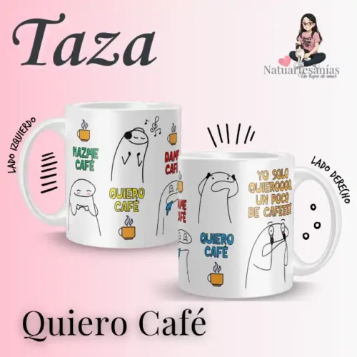 Quiero café (1) Taza personalizada Quiero Café con personajes estilo Flork y frases divertidas para amantes del café.