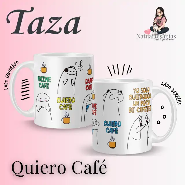 Taza personalizada Quiero Café con personajes estilo Flork y frases divertidas para amantes del café.