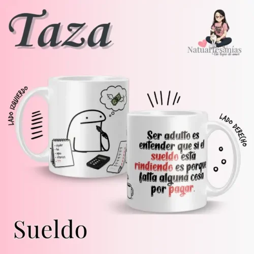 Sueldo Flork (1) Taza personalizada con frase divertida sobre la vida adulta y el sueldo, diseño humorístico para regalo.