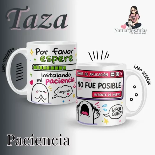 Taza cargando paciencia (1) Taza blanca de cerámica premium con ilustración divertida del personaje Flork y el texto Cargando Paciencia 1%, presentada junto a su caja de regalo.